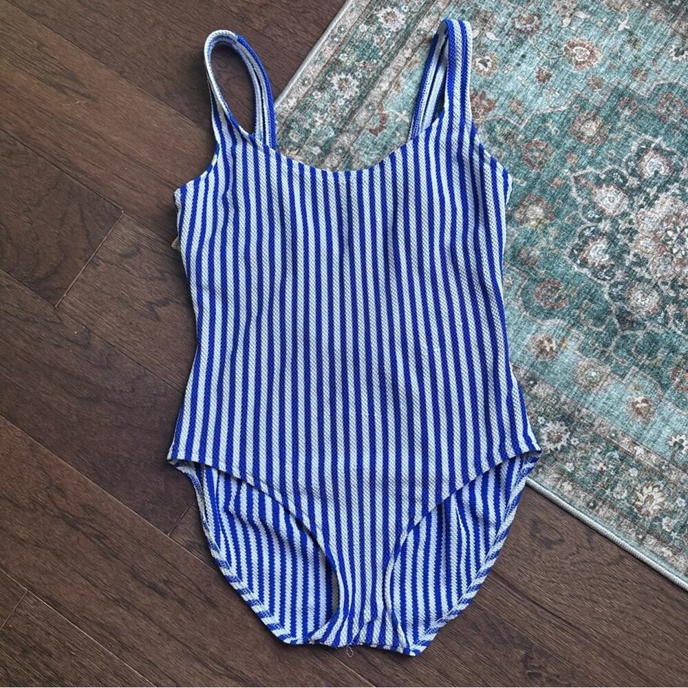 Vintage Blue and White Striped One Piece Swimsuit Size M/L